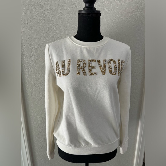 H&M Au Revoir Printed Gold Beaded White Fleece Sweatshirt XS - Picture 2 of 9